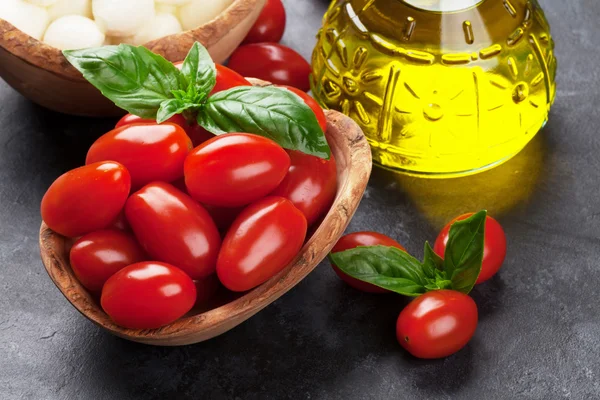 Mozzarella cheese, tomatoes and basil — Stock Photo, Image