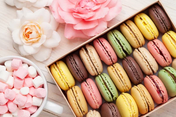 Colorful macaroons in box