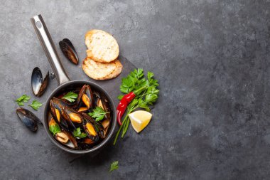 Geleneksel deniz ürünleri midyesi, şarap sosu ve tost. Üst görünüm düzlüğü kopyalama alanı ile yatıyordu