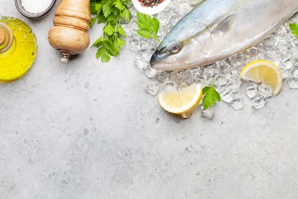 Vaření Syrových Ryb Mořské Plody Ingredience Večeři Kamenném Stole Horní — Stock fotografie
