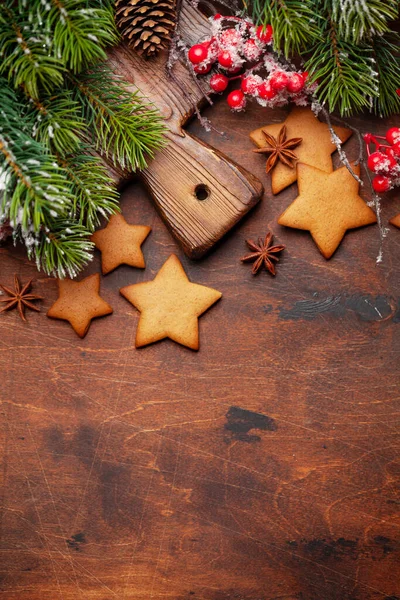 Weihnachtsgrußkarte Mit Lebkuchen Und Weihnachtsbaum Draufsicht Flach Liegend Mit Platz — Stockfoto