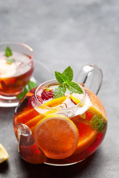 Traditional Fruit Tea Teapot Lemon Berries Mint View Copy Space — Stock Photo, Image