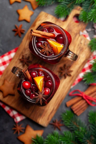 Kerstkaart Met Glühwein Peperkoeken Kerstboom Bovenaanzicht Vlak Lay — Stockfoto