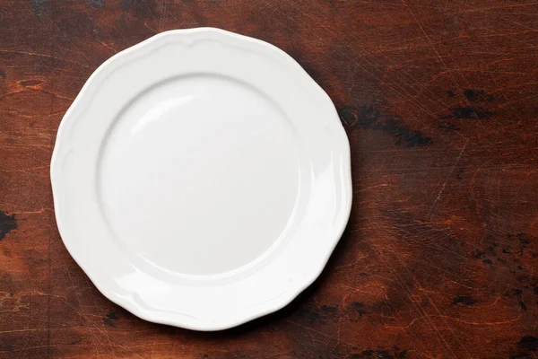White Empty Plate Wooden Table Top View Flat Lay Space — Stock Photo, Image