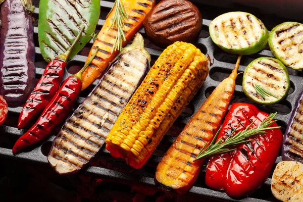 Legumes Grelhados Cozinhando Grelha Com Especiarias Ervas Vista Superior — Fotografia de Stock