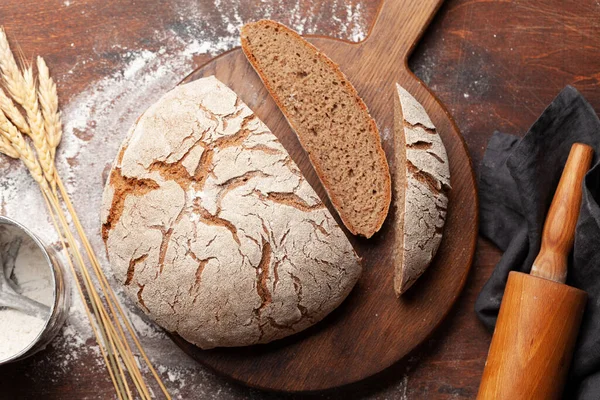 Homemade Baked Bread Wooden Table Top View Flat Lay — Stock Photo, Image