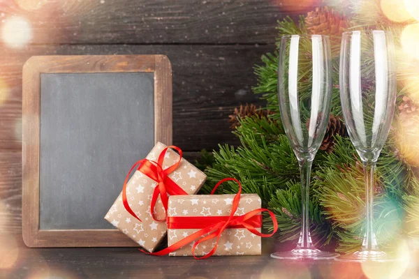 Christmas Greeting Card Fir Tree Champagne Glasses Gift Boxes Space — Stock Photo, Image