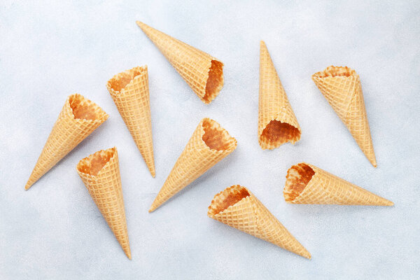 Ice cream in waffle cones. Top view flat lay