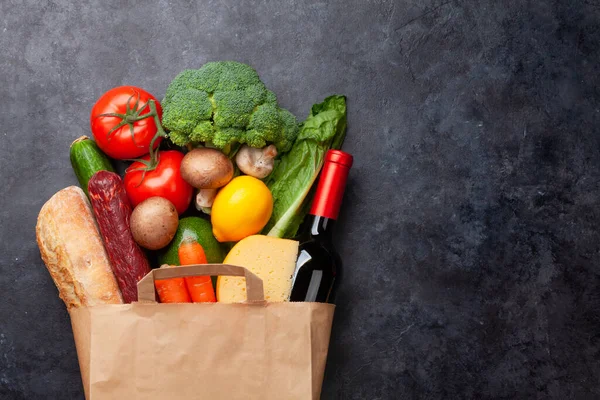 Different Food Recycling Paper Bag Stone Table Top View Flat — Stock Photo, Image