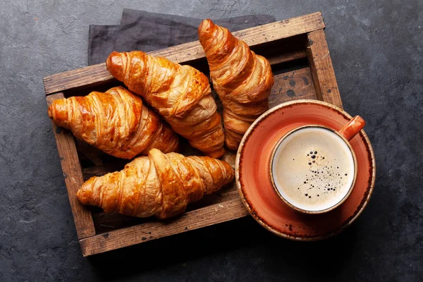 Café Expresso Croissants Para Café Manhã Vista Superior Flat Lay — Fotografia de Stock