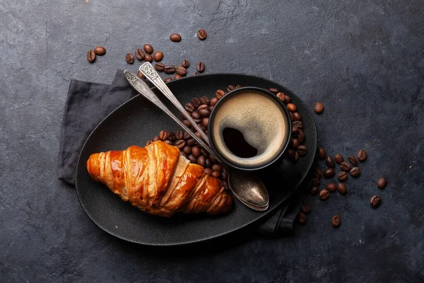 Espresso Koffie Croissant Als Ontbijt Bovenaanzicht Vlak Lay — Stockfoto