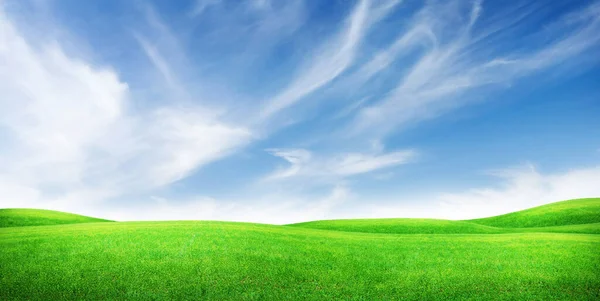 Groen Grasveld Blauwe Hemel Met Felle Zon Zomer Landschap Achtergrond — Stockfoto