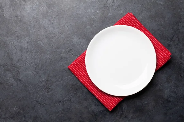 White Empty Plate Napkin Stone Table Top View Flat Lay — Stock Photo, Image