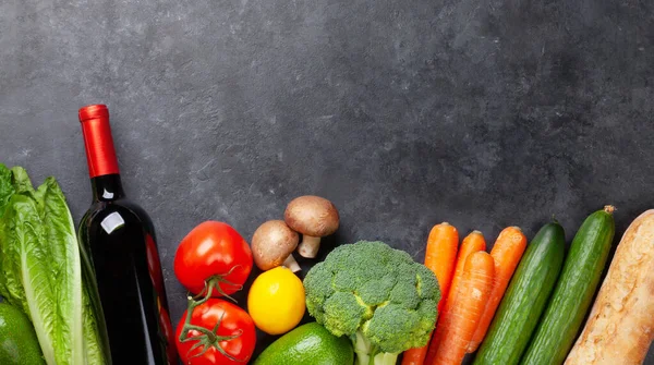 Varias Verduras Pan Vino Mesa Piedra Vista Superior Plano Con — Foto de Stock