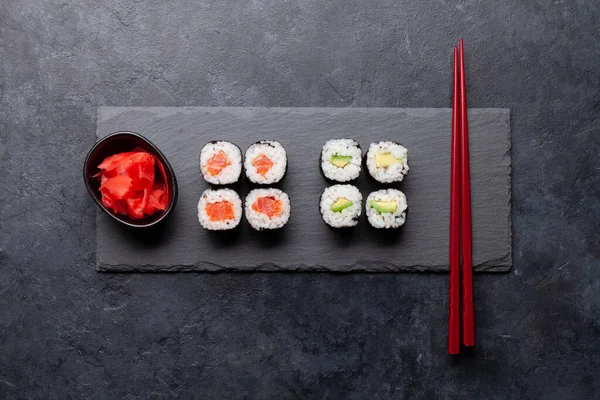 Sushi Giapponese Piatto Pietra Vista Dall Alto Piatto Lay — Foto Stock