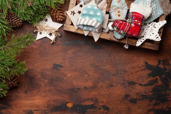 Karácsonyi Üdvözlőlap Fenyő Dekoráció Doboz Háttér Másolja Helyet Karácsonyi Üdvözlet — Stock Fotó