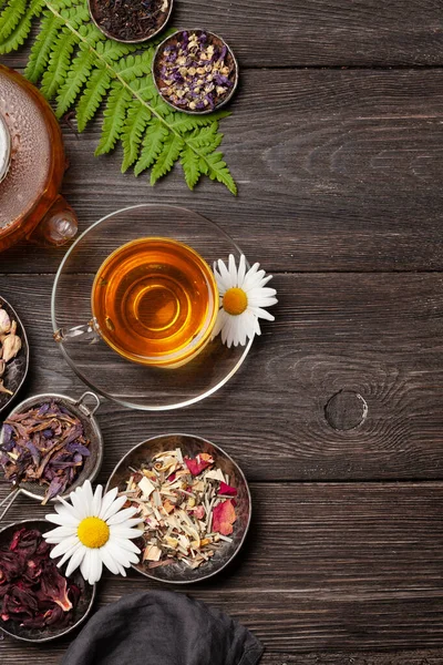 Various Herbal Dry Tea Teapot Cup Wooden Table Top View — Stock Photo, Image