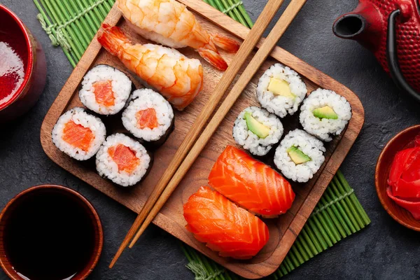 Set Sushi Giapponese Vista Dall Alto Piatto Lay — Foto Stock