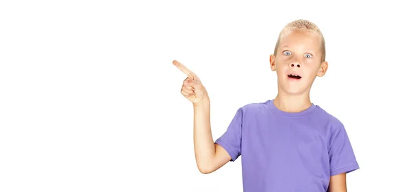 Funny Surprised Boy Pointing Hand Finger Isolated White Background Copy — Stock Photo, Image