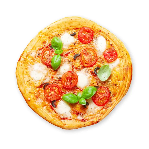 Pizza Caseira Saborosa Com Tomates Jardim Manjericão Isolado Fundo Branco — Fotografia de Stock