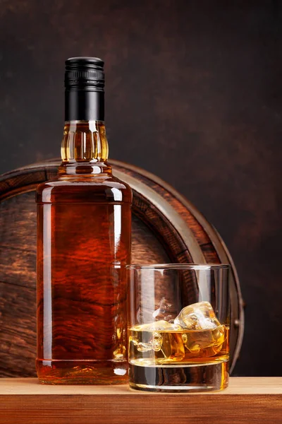 Scotch Whiskey Bottle Glass Old Wooden Barrel Copy Space — Stock Photo, Image