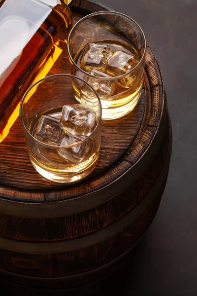 Scotch Whiskey Bottle Glass Old Wooden Barrel — Stock Photo, Image