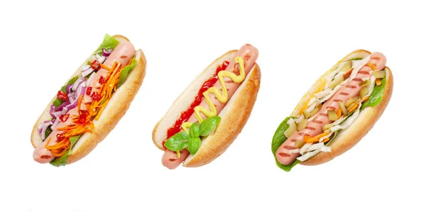 Varios Hot Dog Con Verduras Lechuga Condimentos Aislado Sobre Fondo — Foto de Stock