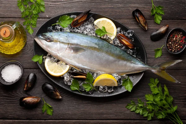 Raw Fish Cooking Seafood Ingredients Dinner Wooden Table Top View — Stock Photo, Image