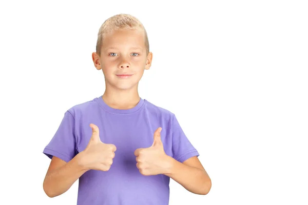 Funny Boy Showing Thumbs Isolated White Background Copy Space — Stock Photo, Image