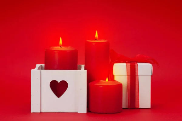 Valentines Day Greeting Card Gift Box Burning Candles Red Background Stock Picture