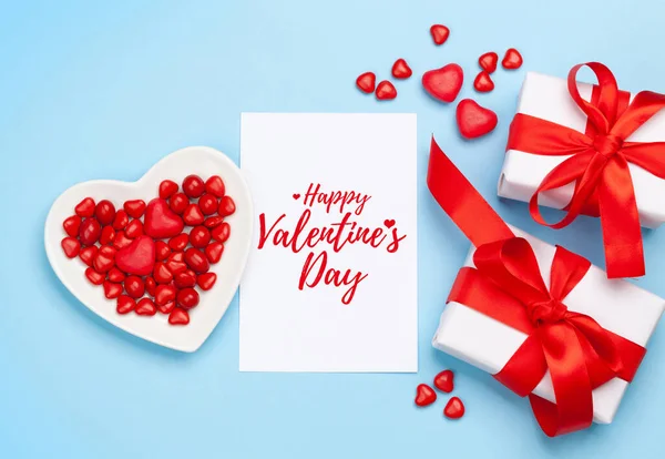 Вітальна Листівка День Святого Валентина Подарункові Коробки Цукерки Серця Синьому — стокове фото