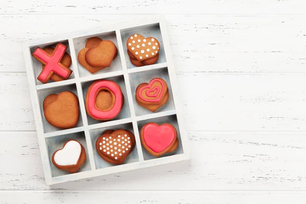 Tarjeta Felicitación Concepto San Valentín Con Galletas Jengibre Caja Madera — Foto de Stock