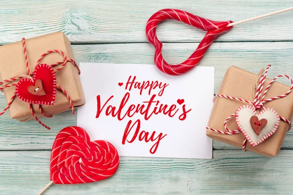 Biglietto Auguri San Valentino Confezioni Regalo Caramelle Cuore Dolci Sfondo — Foto Stock