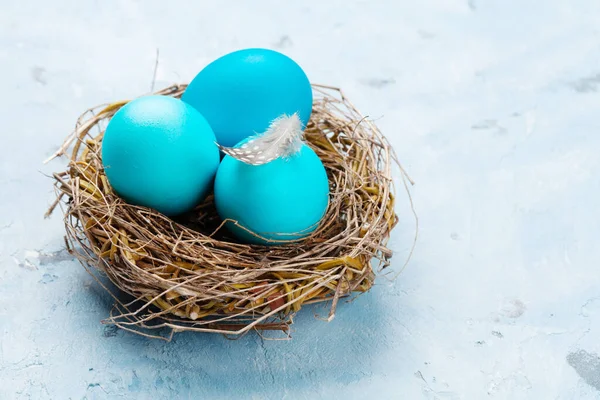 Oeufs Pâques Colorés Dans Nid Sur Fond Pierre Avec Espace — Photo