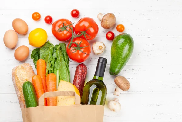 Different Food Recycling Paper Bag Wooden Table Top View Flat — Stock Photo, Image