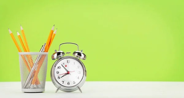 Office Desk Alarm Clock Supplies Remote Office Work Home Concept — Stock Photo, Image