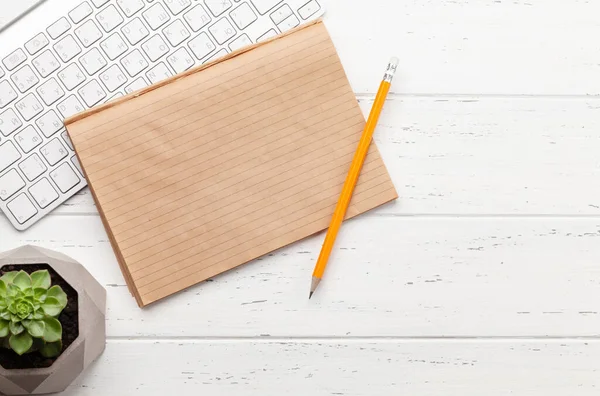 Office Desk Supplies Potted Plant White Wooden Table Top View — Stock Photo, Image