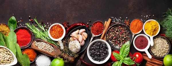 Various Spices Herbs Stone Table Top View Flat Lay — Stock Photo, Image