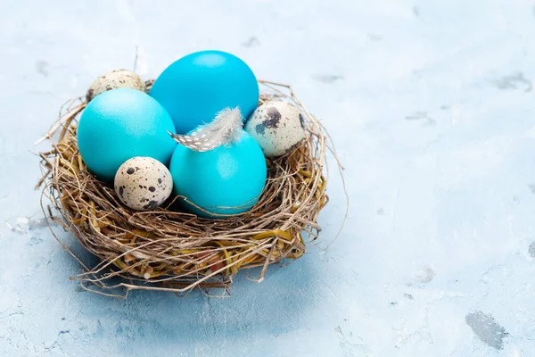 Oeufs Pâques Colorés Dans Nid Sur Fond Pierre Avec Espace — Photo