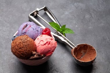 Meyveli, vanilyalı ve çikolatalı dondurma. Kopyalama alanı ile