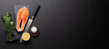 Taze çiğ somon yemeği. Bitki ve baharatlı balık bifteği. Üst görünüm düzlüğü kopyalama alanı ile yatıyordu