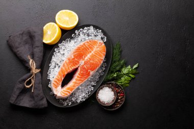 Taze çiğ somon yemeği. Bitki ve baharatlı balık bifteği. Üst görünüm düzlüğü kopyalama alanı ile yatıyordu