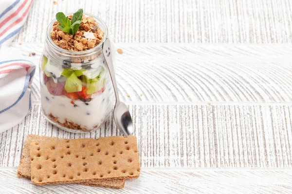 Healthy Breakfast Jar Granola Yogurt Fresh Berries Fitness Protein Meal — Stock Photo, Image