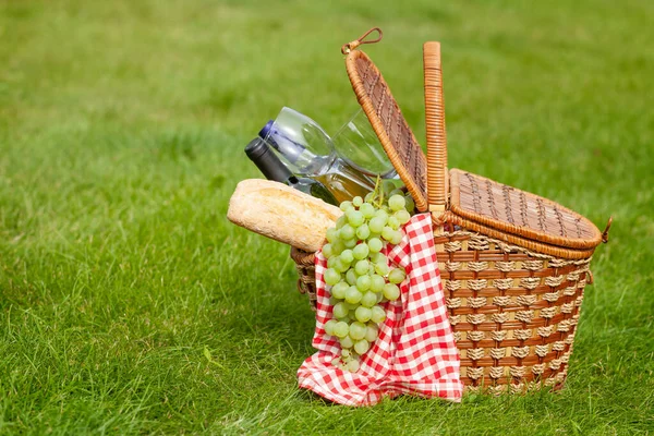 Picknickmand Met Wijn Stokbrood Druiven Zonnig Tuingras Met Kopieerruimte — Stockfoto