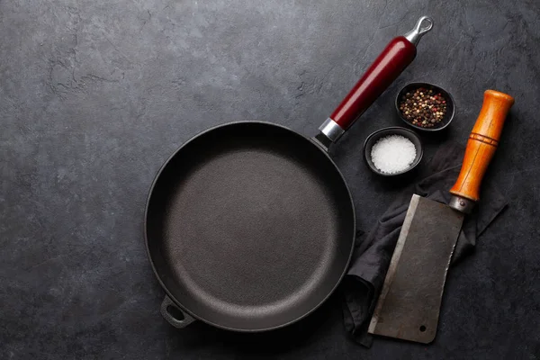 Обсмажування Сковороди Посуд Інгредієнти Кухонному Столі Плоский Вигляд Зверху Пробілом — стокове фото