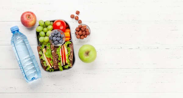 Healthy School Lunch Box Sandwich Fresh Vegetables Water Bottle Nuts — Stock Photo, Image