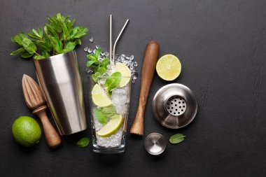 Mojito kokteyli yapmak. Malzemeler ve içecek aletleri. Tarifiniz için en üstteki görünüm dairesi boşluk ile yatıyordu