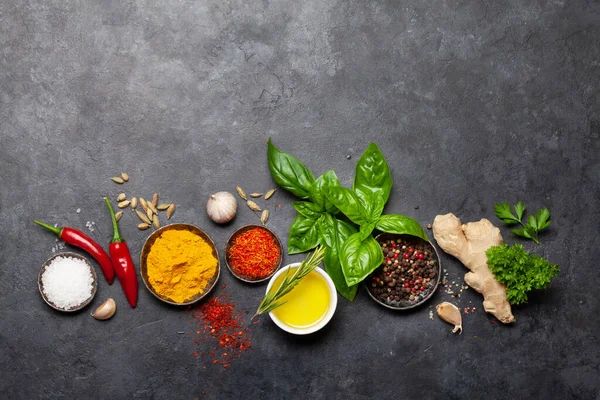 Various Spices Herbs Condiments Dark Stone Table Indian Cuisine Top — Stock Photo, Image