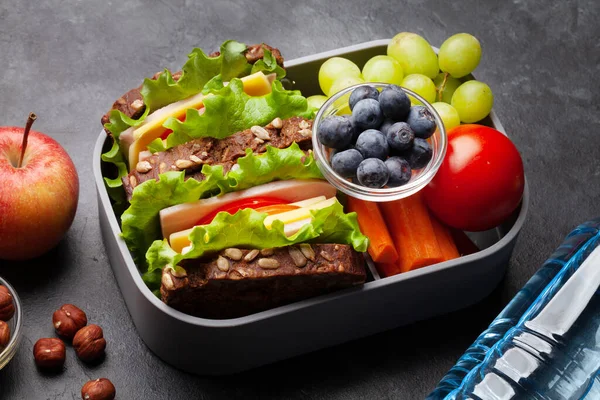 健康的学校午餐盒 里面有三明治和新鲜蔬菜 坚果和水果 — 图库照片