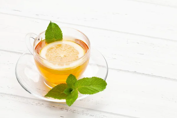 Tisane Menthe Citron Tasse Thé Sur Table Bois Avec Espace — Photo